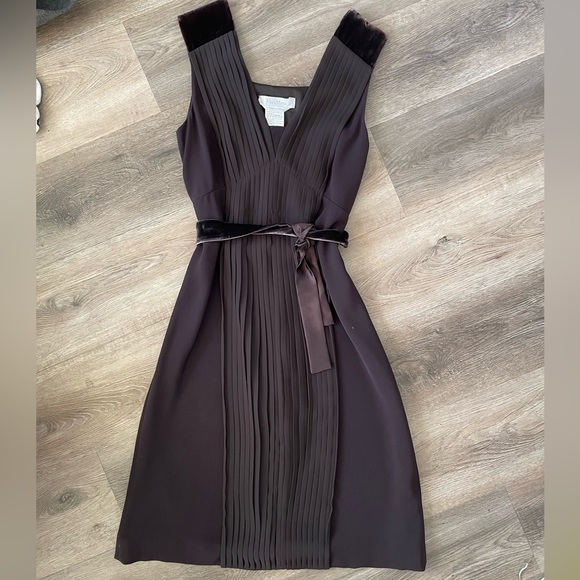 Max Mara Espresso Brown Pleated Fit and Flare Dress Velvet Sash Tie Midi 40 8 - Picture 3 of 13